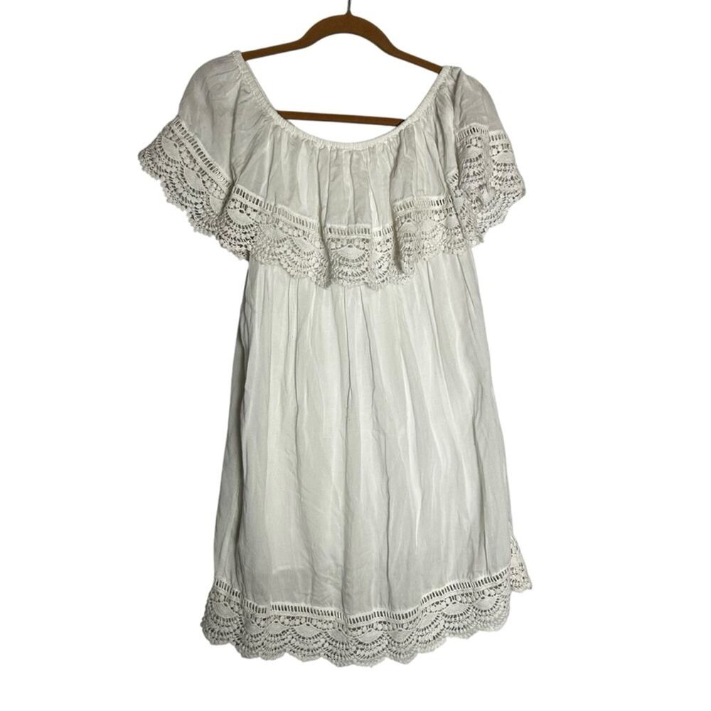 NWOT Pilyq White Off Shoulder Lace Ruffle Trim Mini Dress Coverup Size Med/Lrg